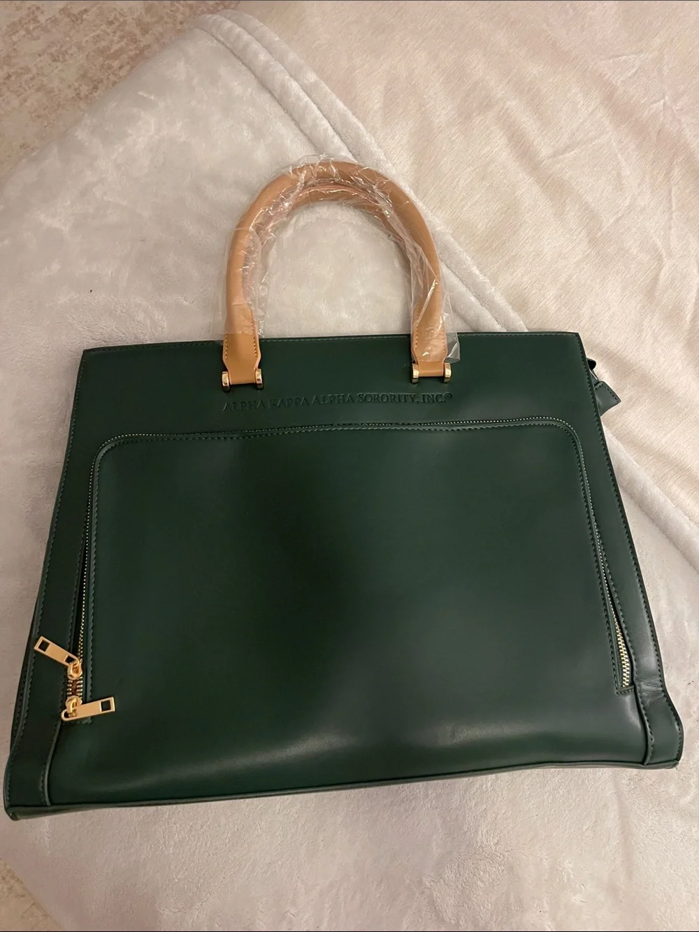 Green Leather Tote Bag with Tan Handles - Alpha Kappa Alpha